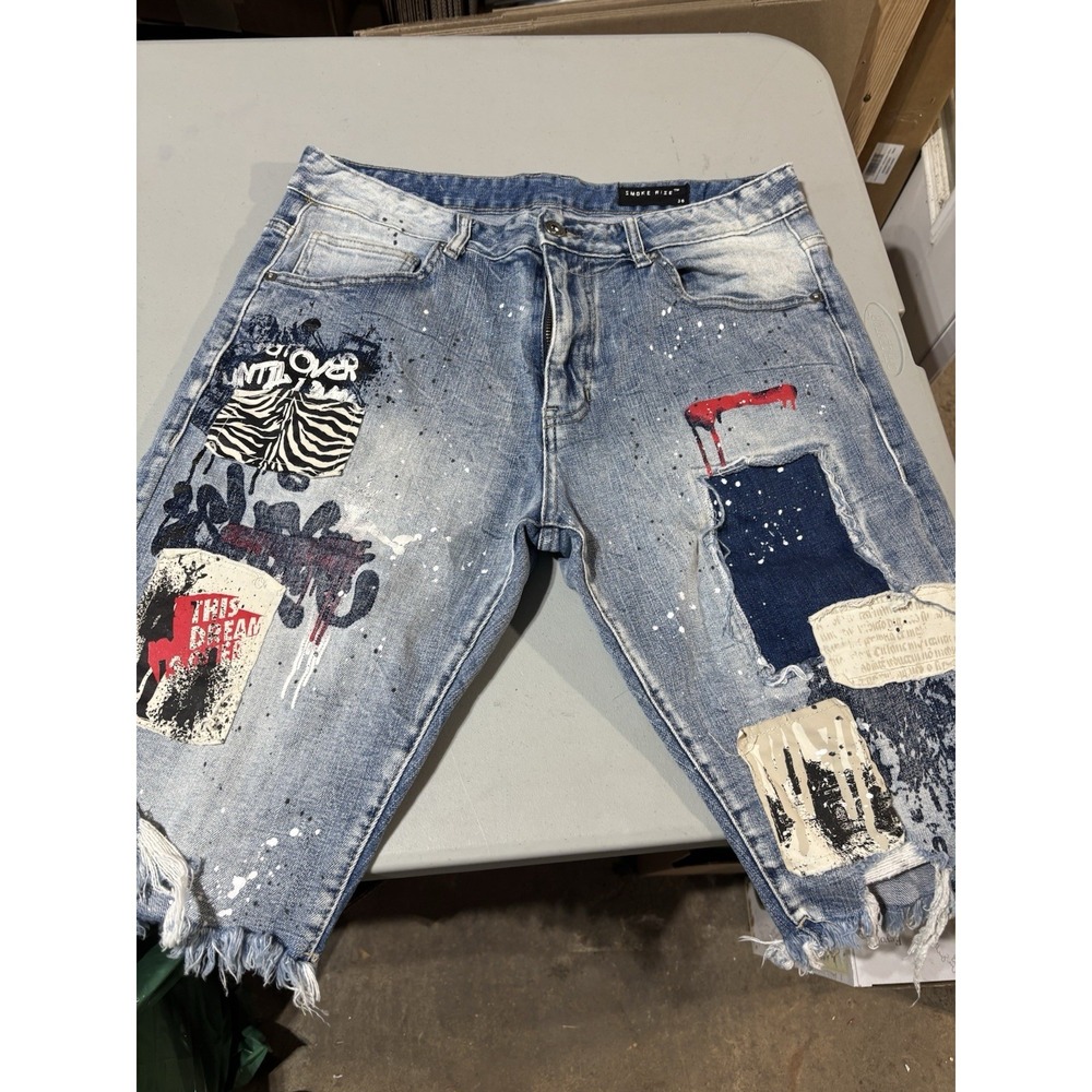 Smoke Rise Shorts Mens 36 Denim Distressed Thrashed Streetwear Y2K Stretch Jorts